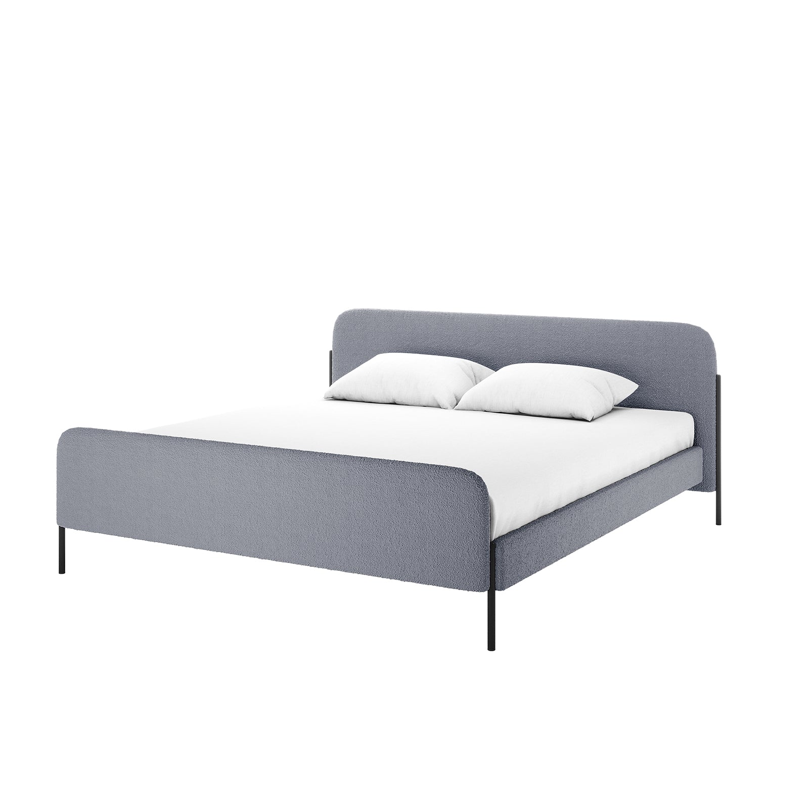 The Bonny King Boucle Bed Frame in Grey features a low-profile metal frame, slim black legs, and a gently curved headboard and footboard in light gray-blue bouclé upholstery, with a white mattress and pillows.