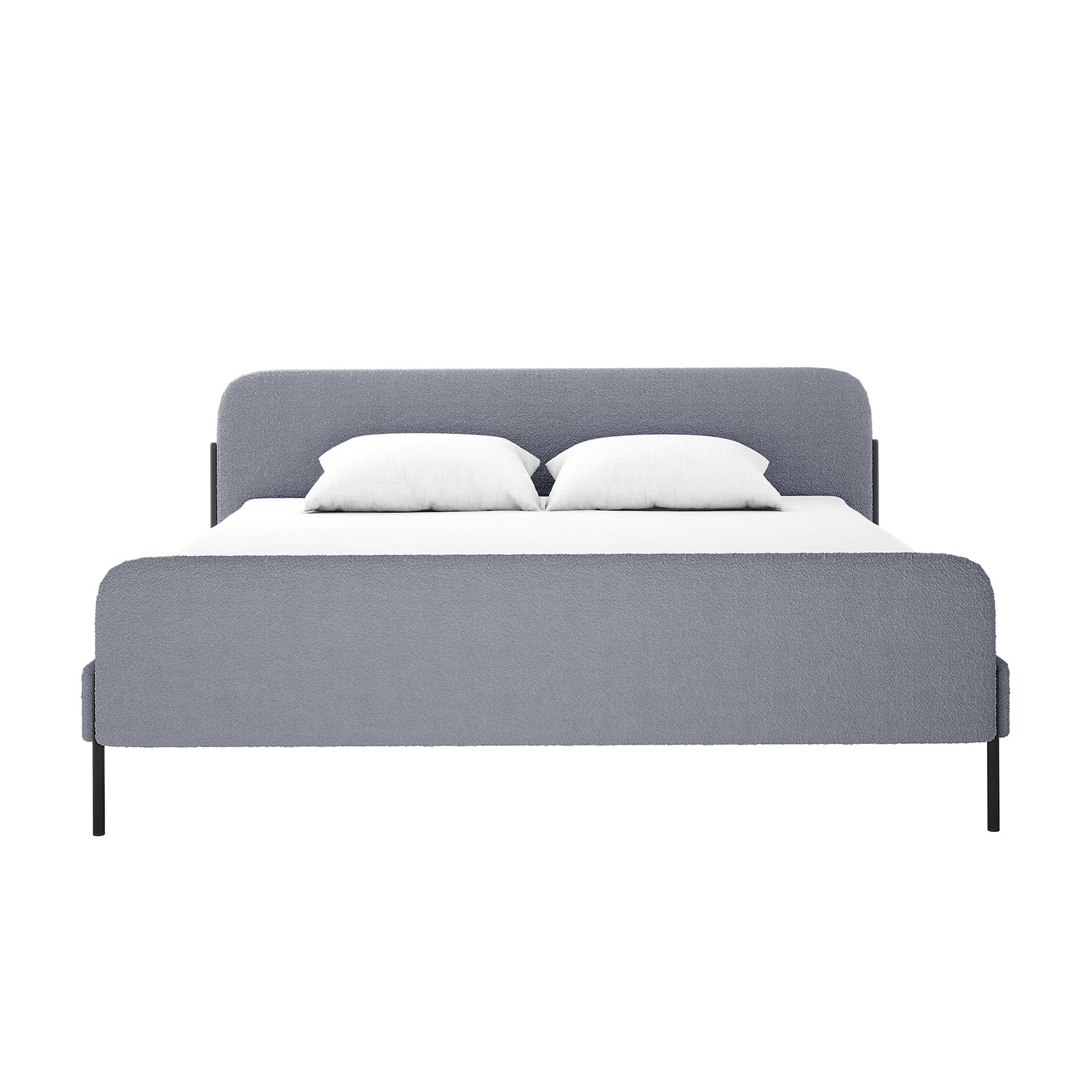 Bonny King Boucle Bed Frame in Grey featuring a light grey upholstered headboard and footboard, sleek black metal legs, white mattress, and pillows, showcasing modern elegance and luxurious design.