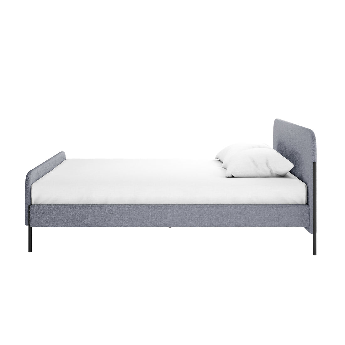 Bonny King Boucle Bed Frame in Grey with low-profile upholstered frame, slender black metal legs, and a white mattress, showcasing a modern, elegant design with boucle fabric for luxurious comfort.