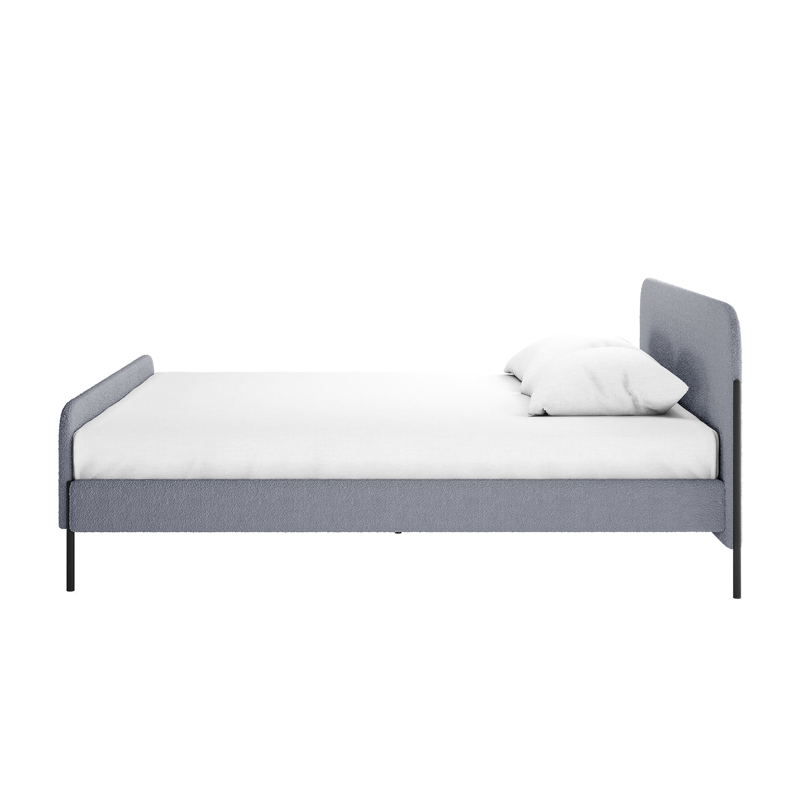 Bonny King Boucle Bed Frame in Grey with low-profile upholstered frame, slender black metal legs, and a white mattress, showcasing a modern, elegant design with boucle fabric for luxurious comfort.