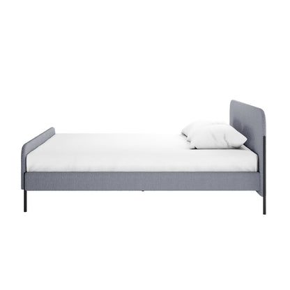 Bonny King Boucle Bed Frame in Grey with low-profile upholstered frame, slender black metal legs, and a white mattress, showcasing a modern, elegant design with boucle fabric for luxurious comfort.