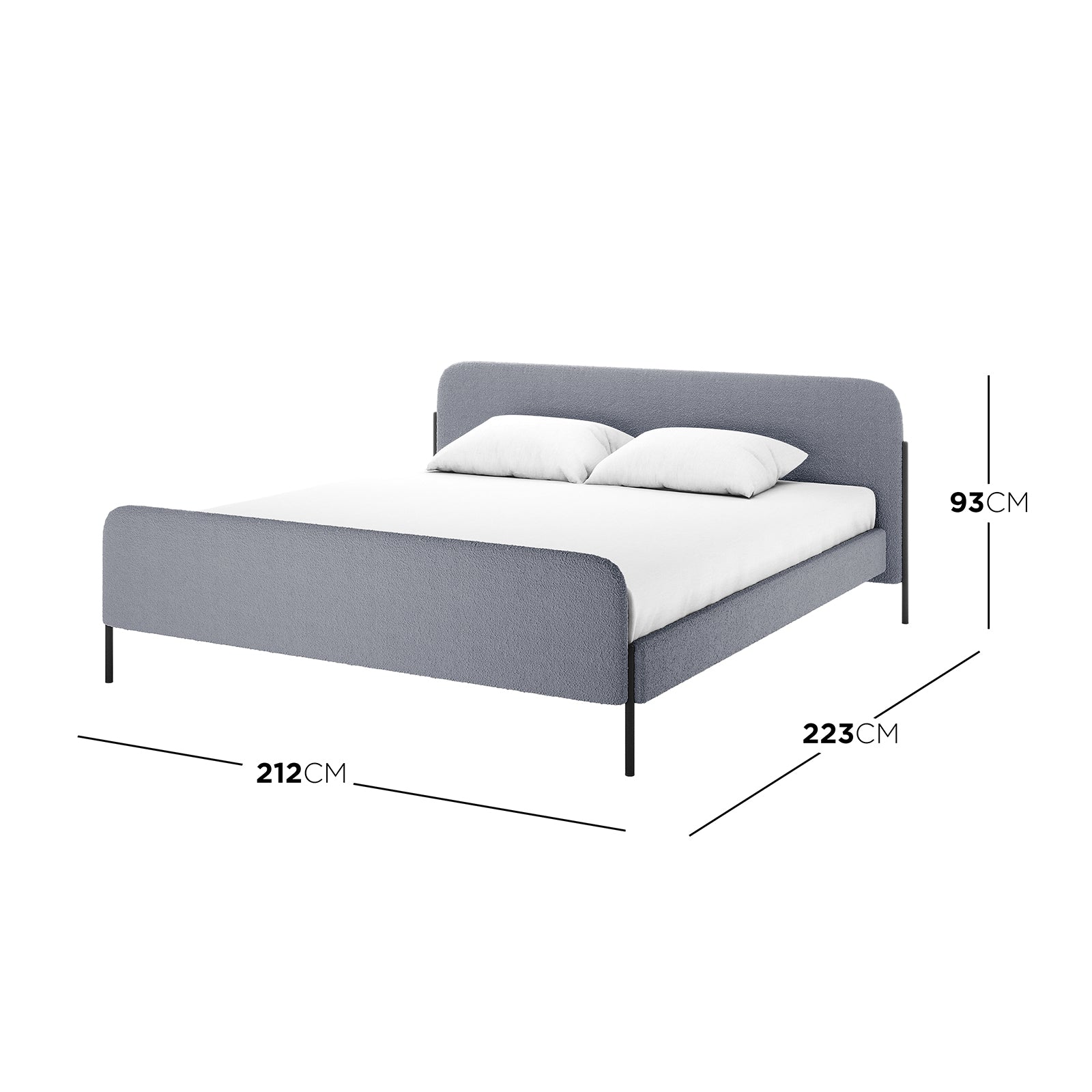 Bonny King Boucle Bed Frame in Grey, featuring a light grey upholstered frame with a simple headboard, low footboard, and slim black metal legs. Dimensions overlaid: Width 212 cm, Depth 223 cm, Height 93 cm.