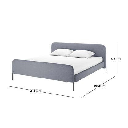 Bonny King Boucle Bed Frame in Grey, featuring a light grey upholstered frame with a simple headboard, low footboard, and slim black metal legs. Dimensions overlaid: Width 212 cm, Depth 223 cm, Height 93 cm.