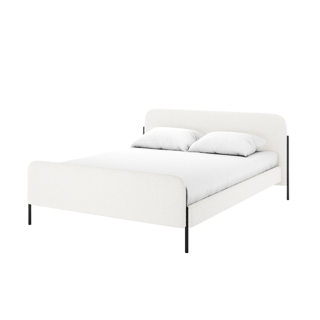Bonny Queen Boucle Fabric Bed Frame in Cream White, featuring a low curved headboard and footboard in soft bouclé fabric, supported by slim black metal legs, with simple white bedding.