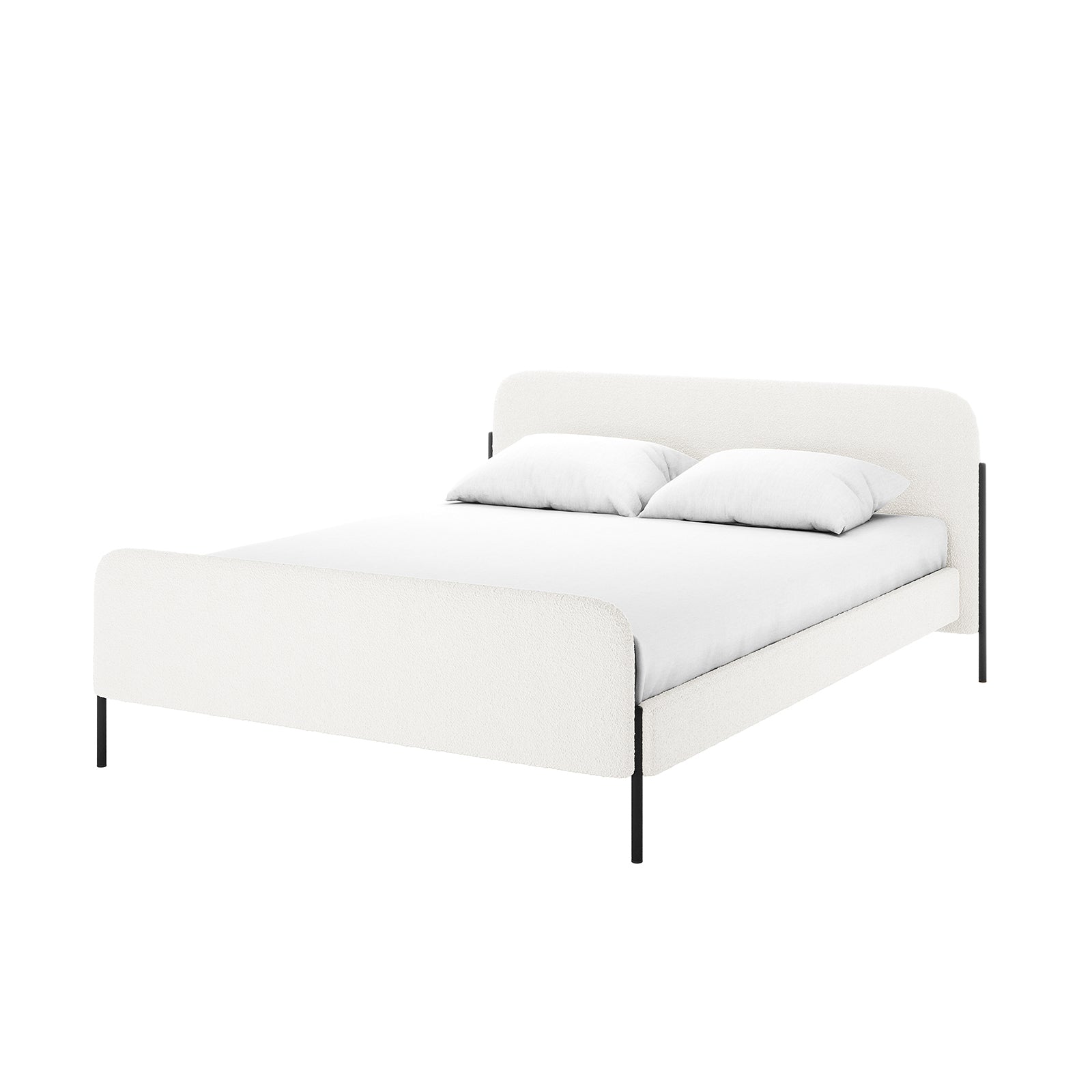 Bonny Queen Boucle Fabric Bed Frame in Cream White, featuring a low curved headboard and footboard in soft bouclé fabric, supported by slim black metal legs, with simple white bedding.