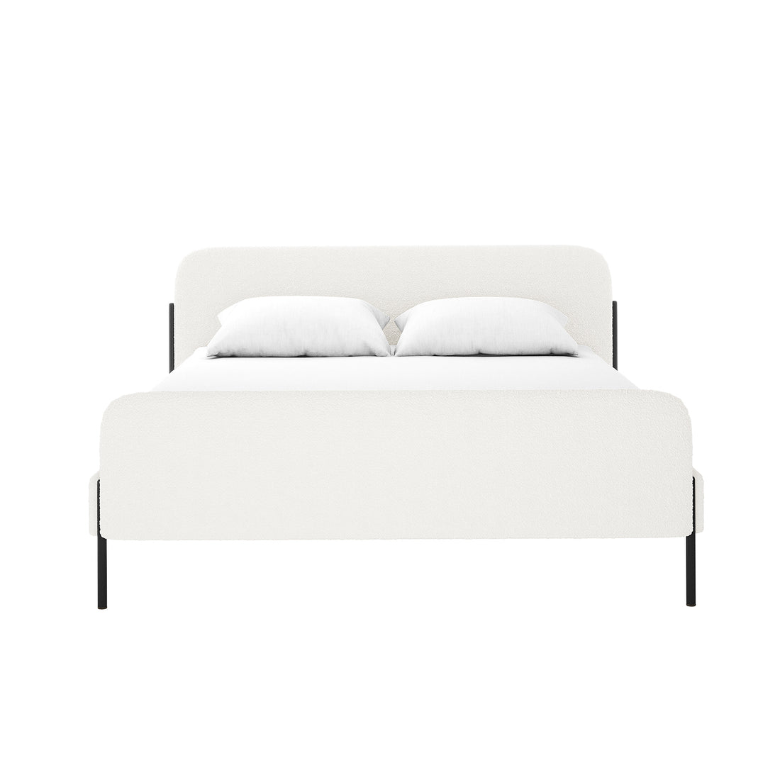 Bonny Queen Boucle Fabric Bed Frame in Cream White, featuring a sleek white upholstered headboard and footboard, rests on slim black metal legs with crisp white bedding and two pillows.