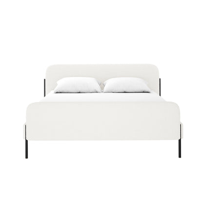 Bonny Queen Boucle Fabric Bed Frame in Cream White, featuring a sleek white upholstered headboard and footboard, rests on slim black metal legs with crisp white bedding and two pillows.