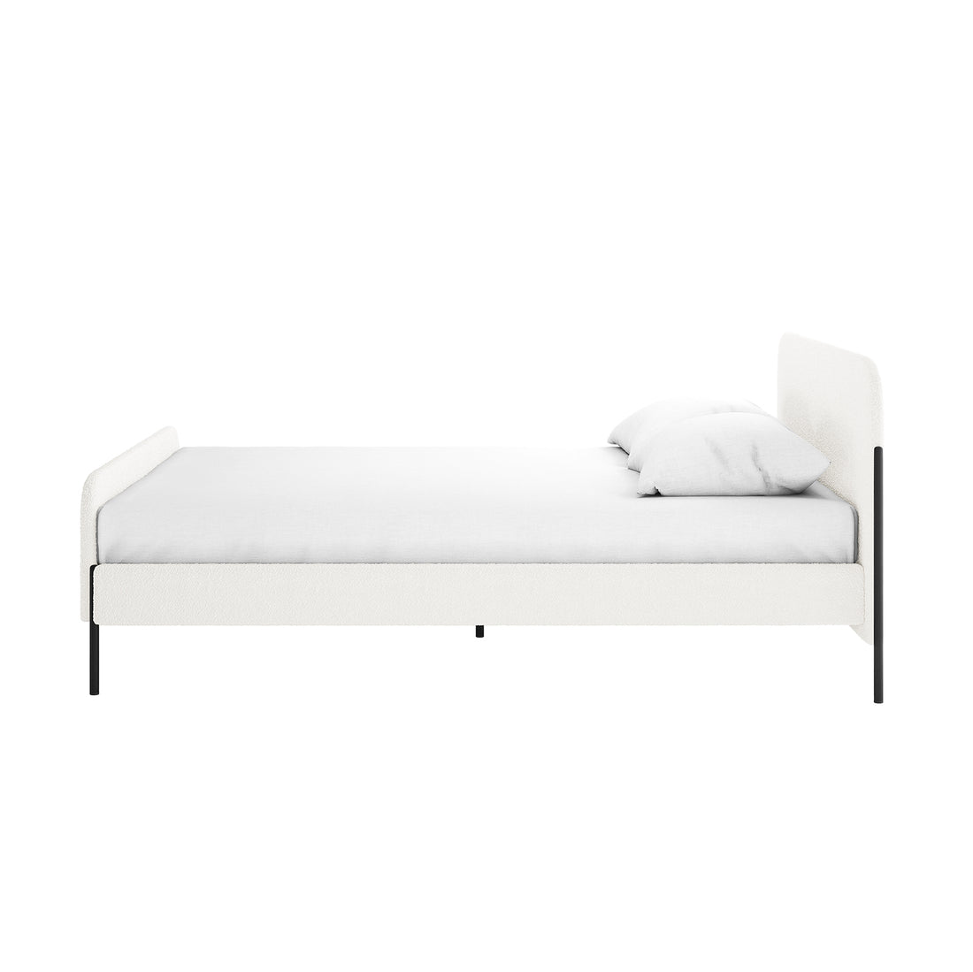 Bonny Boucle Bed Frame - Cream White Queen, featuring a plush boucle-upholstered headboard and footboard, sleek metal legs, and a minimalist design for elegant bedroom decor.