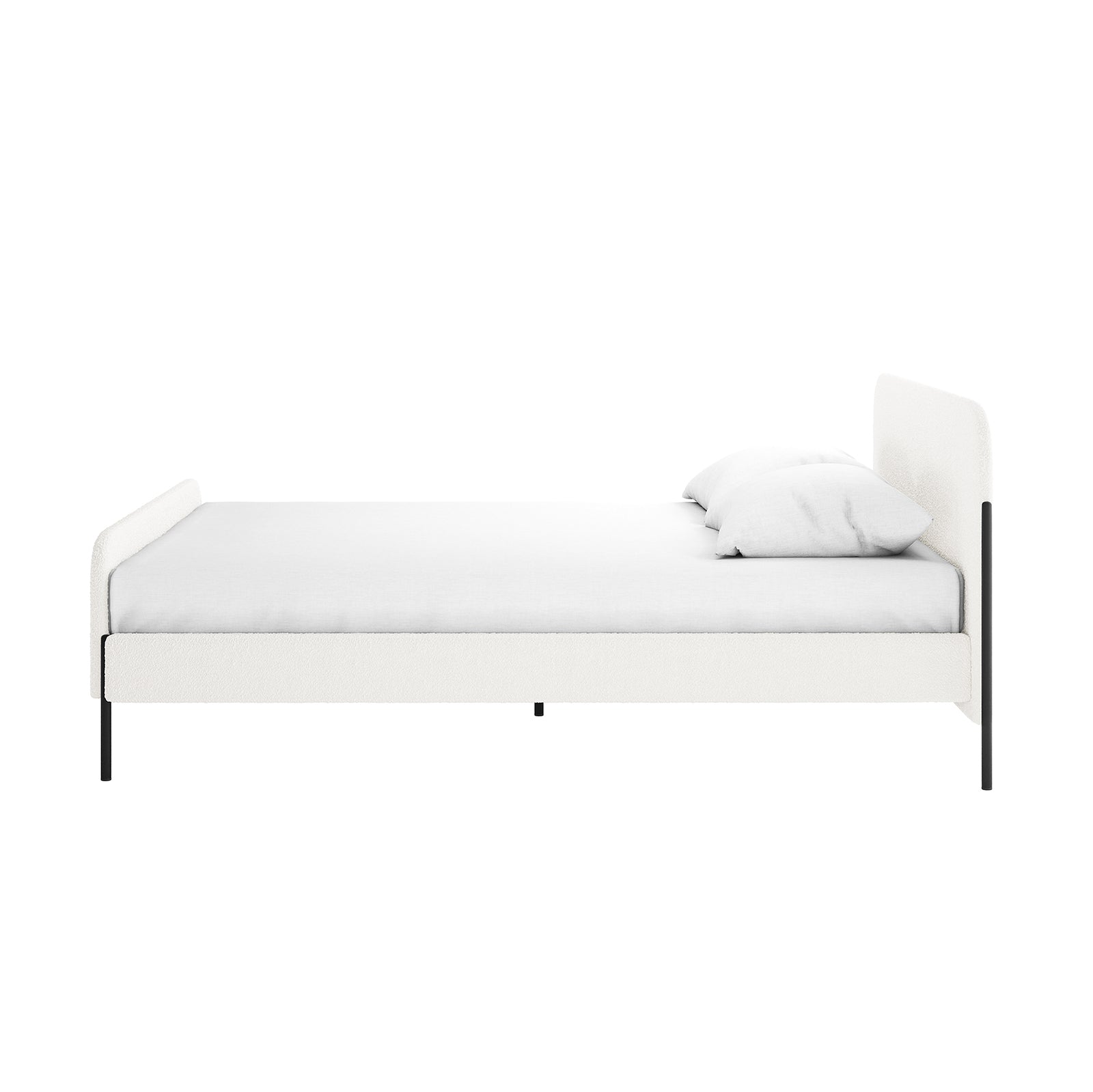 Bonny Boucle Bed Frame - Cream White Queen, featuring a plush boucle-upholstered headboard and footboard, sleek metal legs, and a minimalist design for elegant bedroom decor.