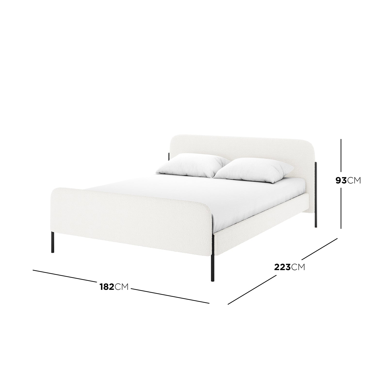Bonny Queen Boucle Fabric Bed Frame in Cream White with rounded headboard, low footboard, upholstered in boucle fabric, and slim black metal legs; includes dimensions overlay. Mattress and pillows displayed.