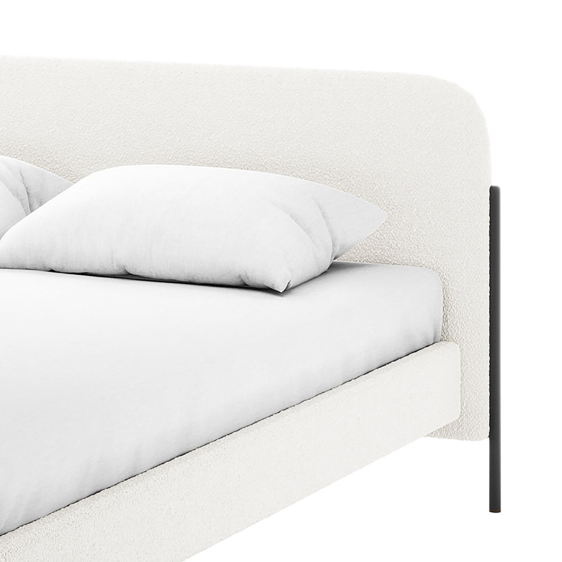 Bonny Queen Boucle Fabric Bed Frame in Cream White, showcasing its elegant headboard and plush boucle upholstery with sleek, dark metal legs, providing a modern and luxurious touch.