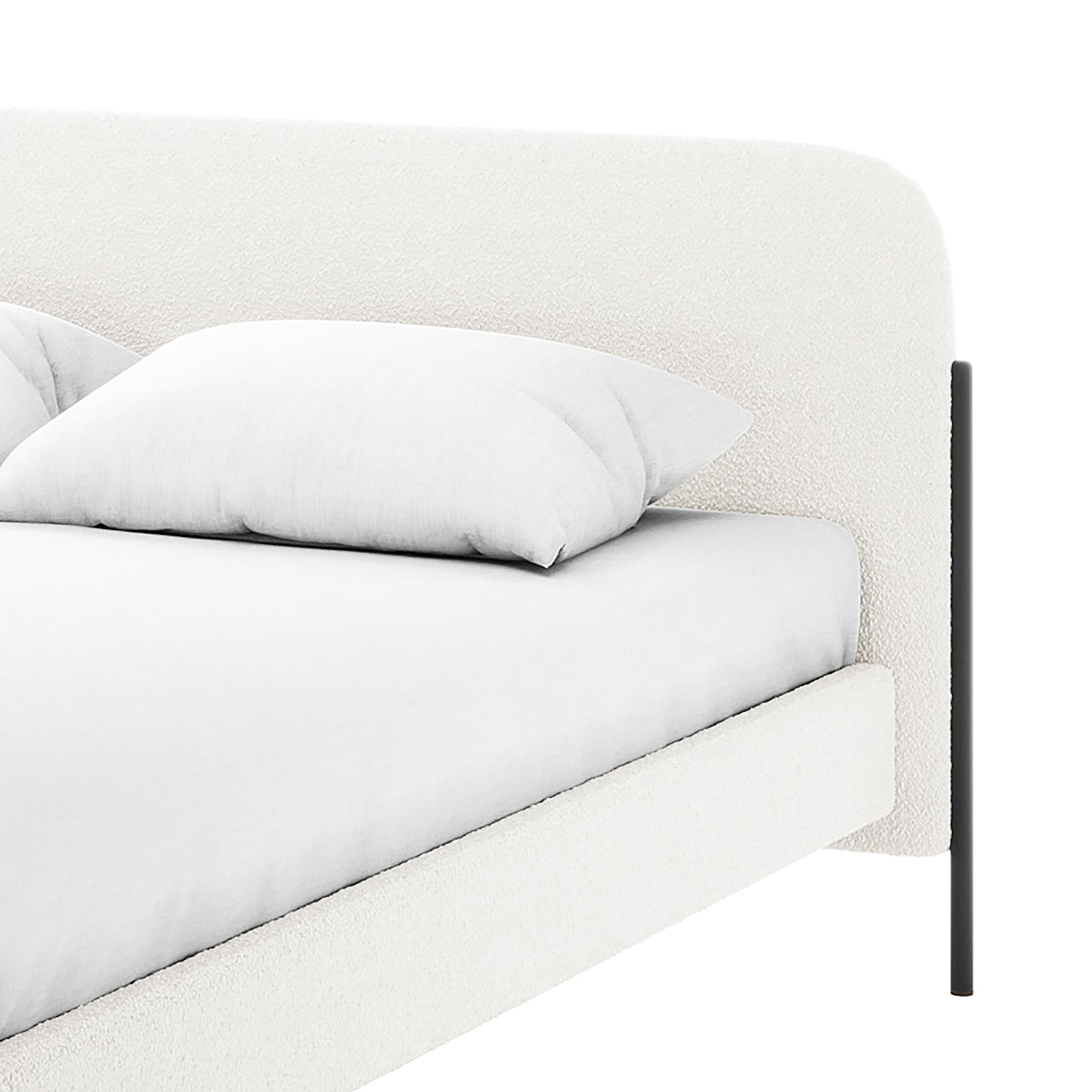 Bonny Queen Boucle Fabric Bed Frame in Cream White, showcasing its elegant headboard and plush boucle upholstery with sleek, dark metal legs, providing a modern and luxurious touch.