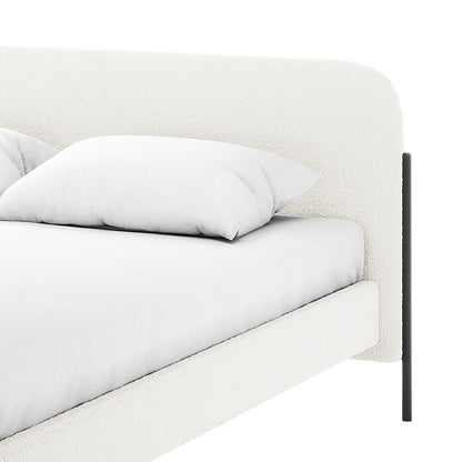 Bonny Queen Boucle Fabric Bed Frame in Cream White, showcasing its elegant headboard and plush boucle upholstery with sleek, dark metal legs, providing a modern and luxurious touch.