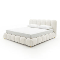Brent King Gas Lift Bed in Boucle Cream White with scalloped base and vertical channel tufted headboard