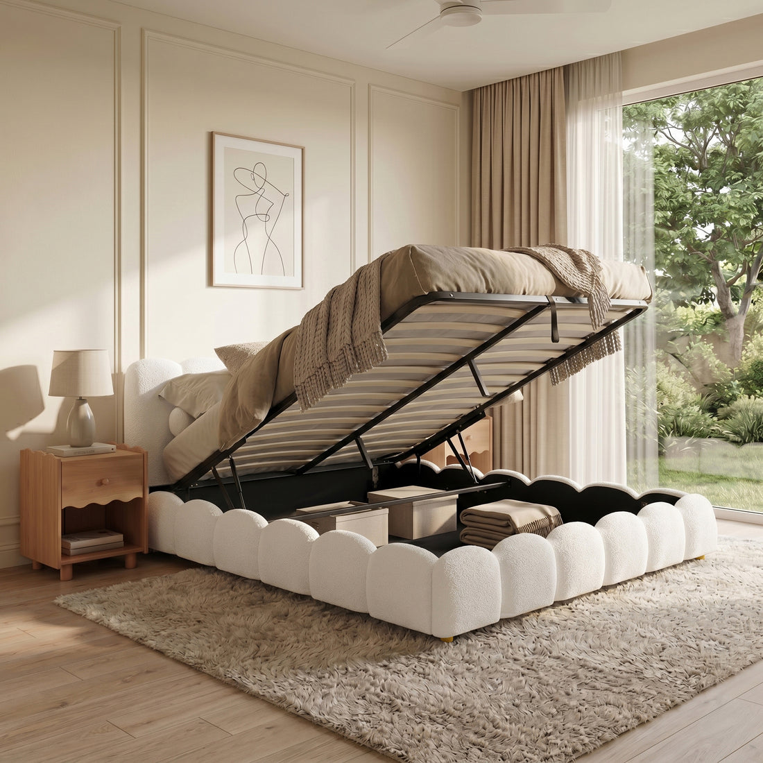 Brent King Gas Lift Bed in Boucle Cream White
