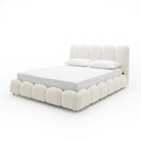 Brent Queen Gas Lift Bed in Cream White with curved boucle upholstered headboard and footboard, gold legs