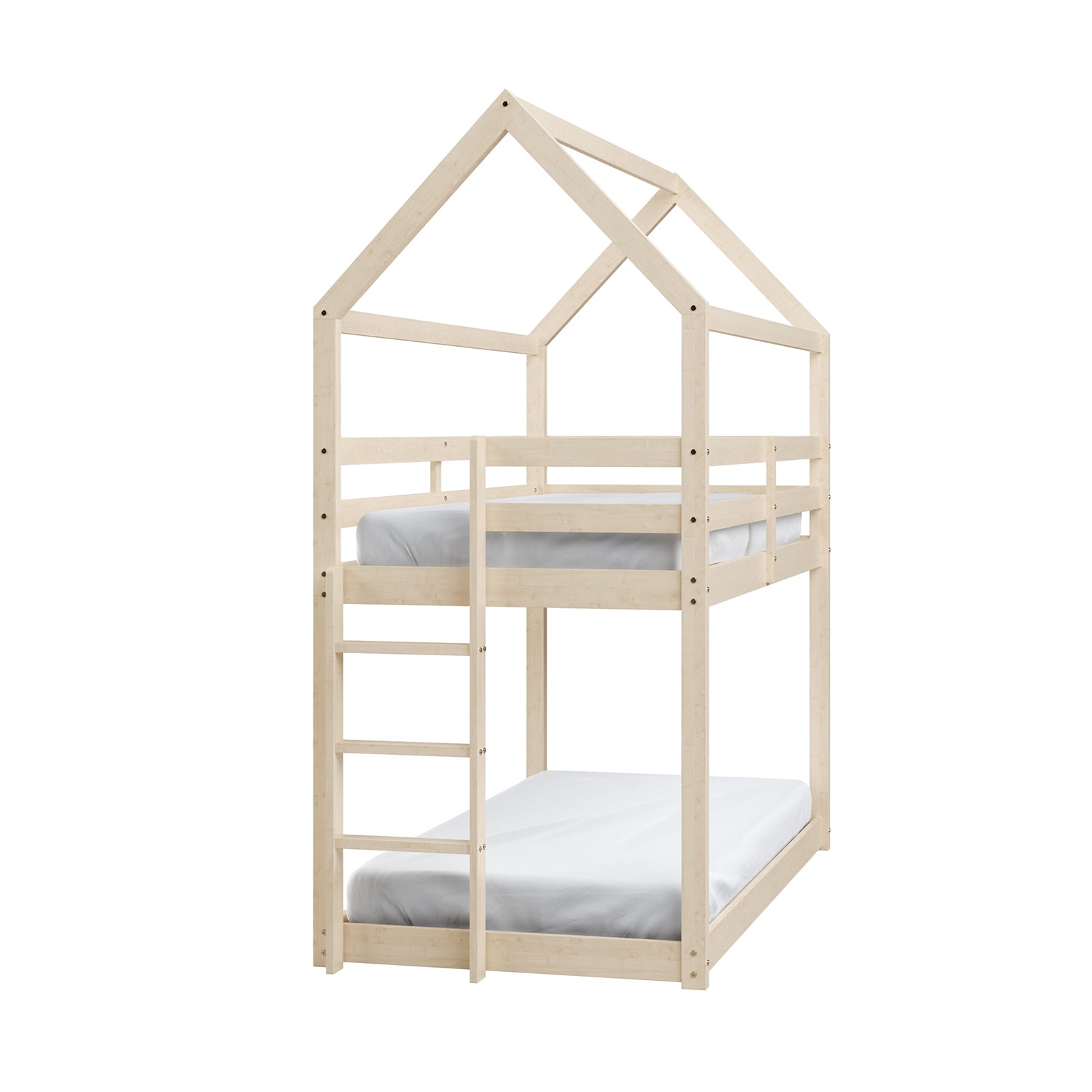 Brook Timber House Design Kids Twin Bunk Bed - Natural with a cubby house-inspired frame, high-pitched roof silhouette, built-in ladder, and safety guard rail, crafted from solid pine wood.