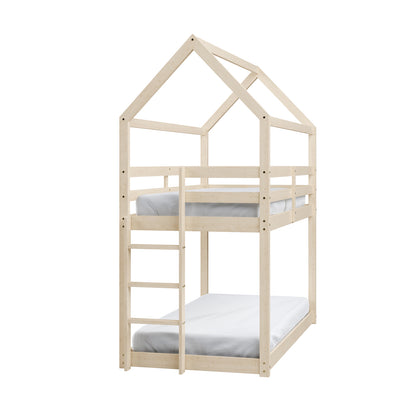 Brook Timber House Design Kids Twin Bunk Bed - Natural with a cubby house-inspired frame, high-pitched roof silhouette, built-in ladder, and safety guard rail, crafted from solid pine wood.