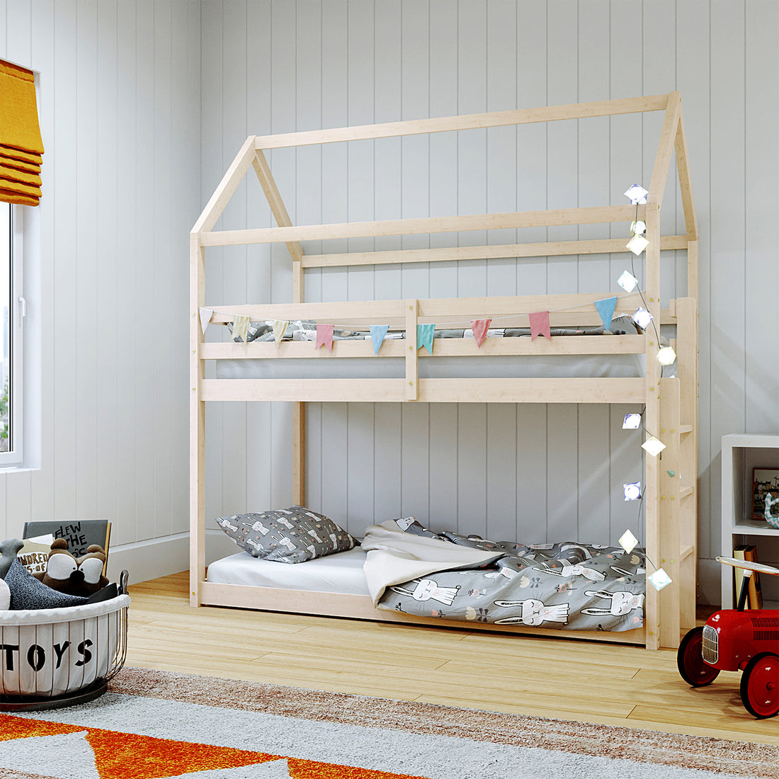Brook Timber House Design Twin Toddler Bunk Bed – Natural, featuring a cubby house-inspired frame with a pitched roof, safety guard rail, and built-in ladder, crafted from solid pine wood for durability.