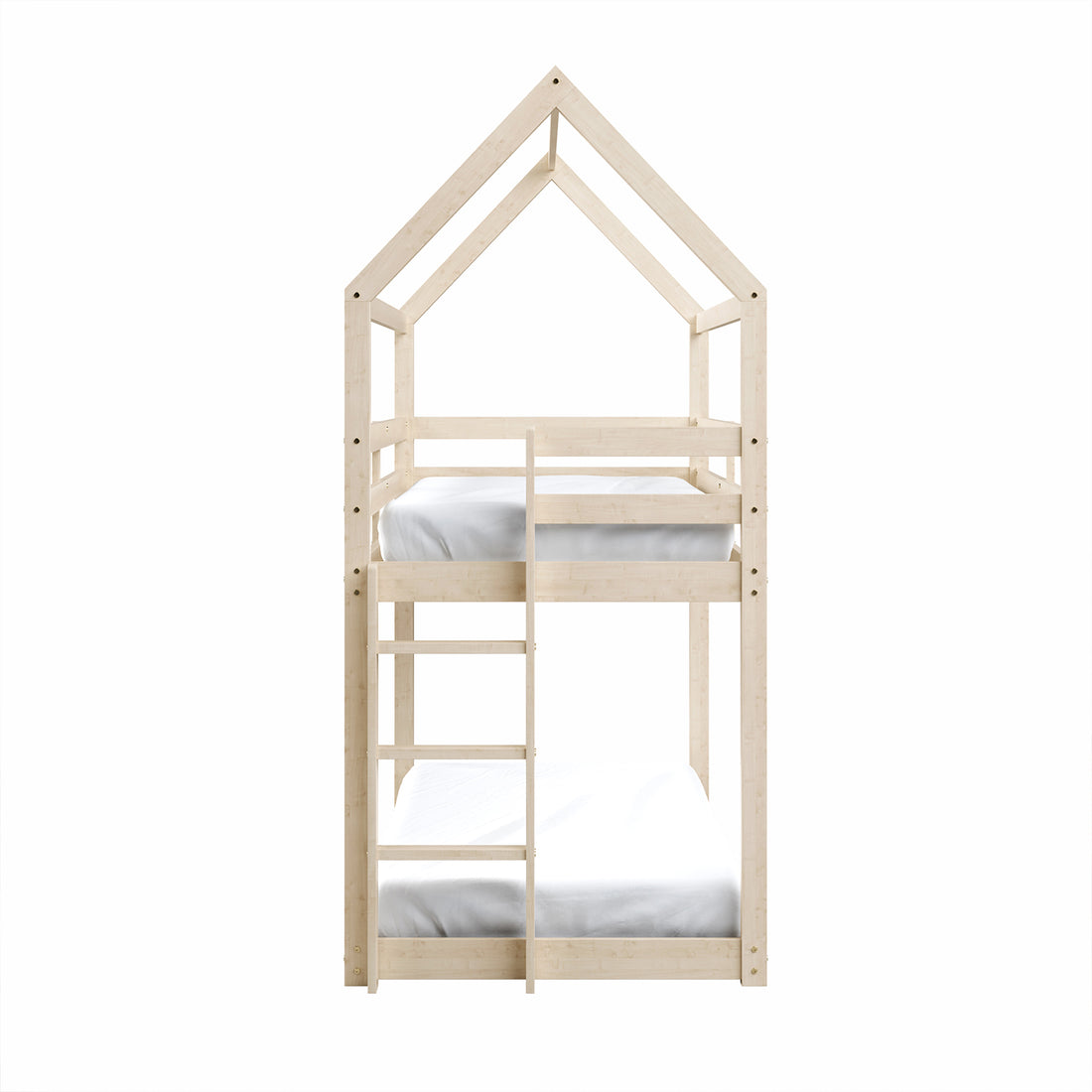 Brook Timber House Design Kids Twin Bunk Bed - Natural, featuring a cubby house-inspired frame with a high-pitched roof and ladder, crafted in natural pine wood, offering a playful, space-saving solution for children's bedrooms.