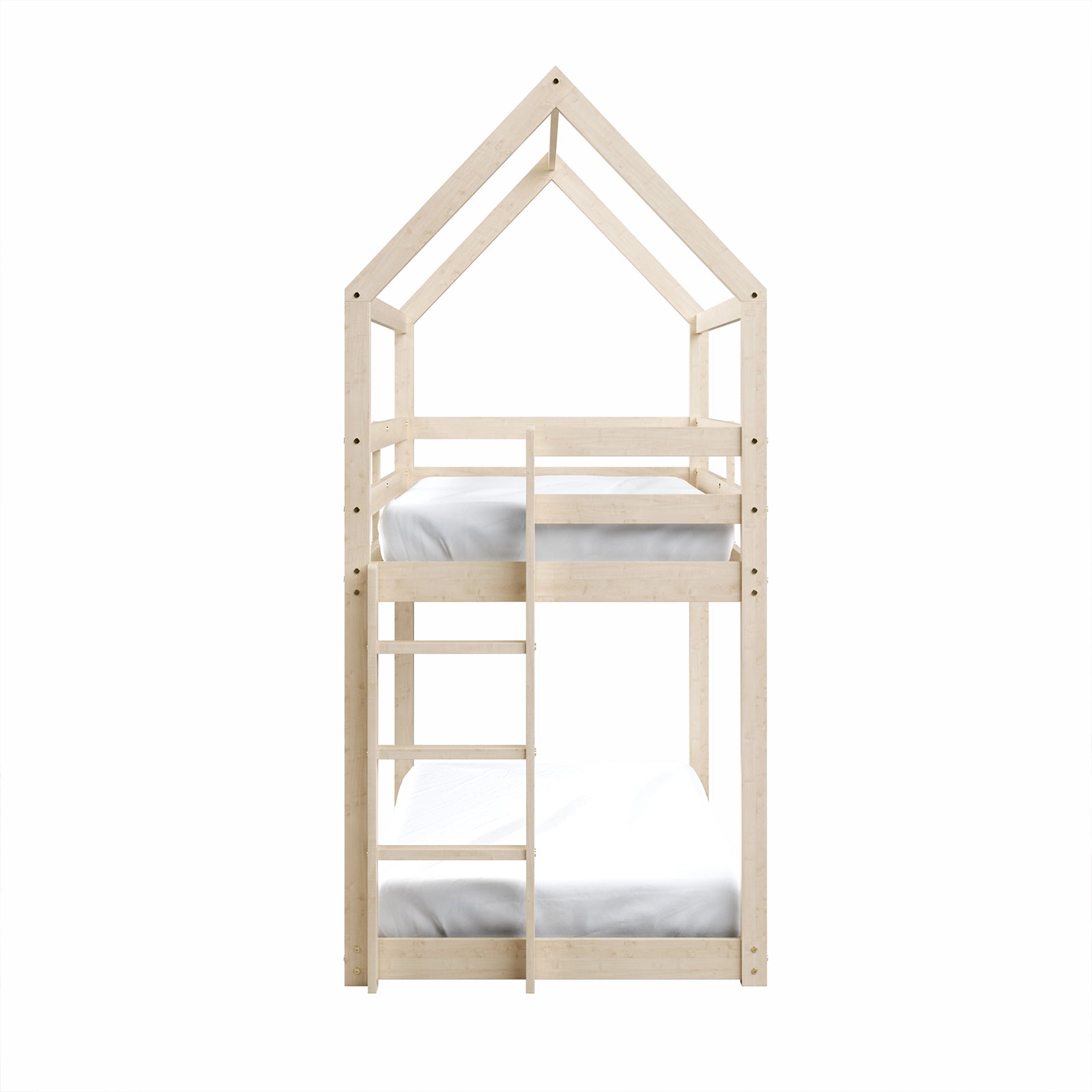 Brook Timber House Design Kids Twin Bunk Bed - Natural, featuring a cubby house-inspired frame with a high-pitched roof and ladder, crafted in natural pine wood, offering a playful, space-saving solution for children's bedrooms.