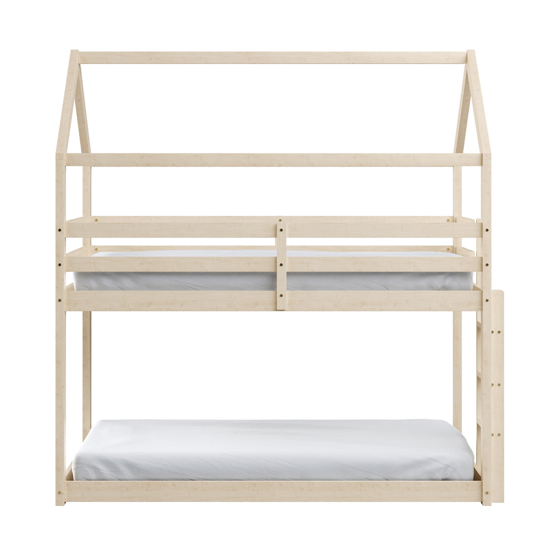 Close-up of Brook Timber House Design Twin Toddler Bunk Bed in Natural, showcasing its charming cubby house-inspired design with a high-pitched roof and sturdy pine wood frame, ideal for playful and safe sleeping arrangements.