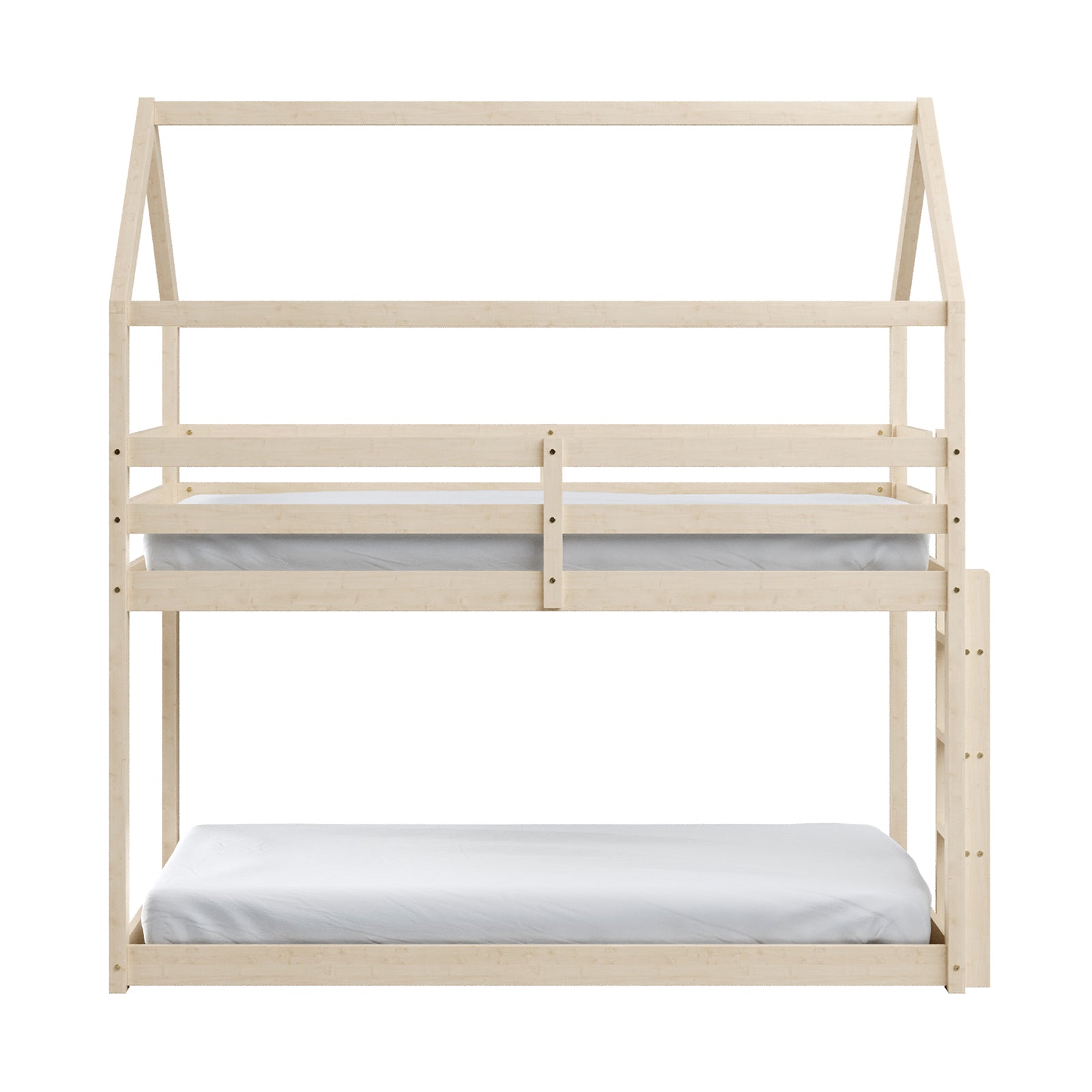 Close-up of Brook Timber House Design Twin Toddler Bunk Bed in Natural, showcasing its charming cubby house-inspired design with a high-pitched roof and sturdy pine wood frame, ideal for playful and safe sleeping arrangements.