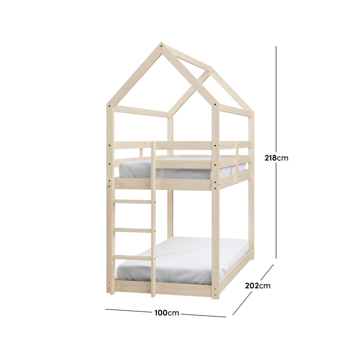 Brook Timber House Design Kids Twin Bunk Bed - Natural with a cubby house-inspired structure, featuring a high-pitched roof, built-in ladder, and safety guard rail on a sturdy wooden frame.