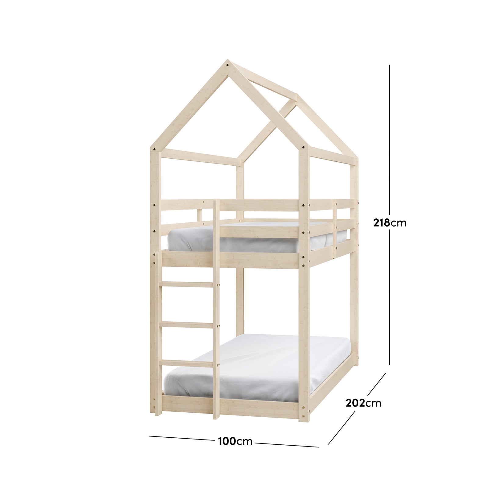 Brook Timber House Design Kids Twin Bunk Bed - Natural with a cubby house-inspired structure, featuring a high-pitched roof, built-in ladder, and safety guard rail on a sturdy wooden frame.