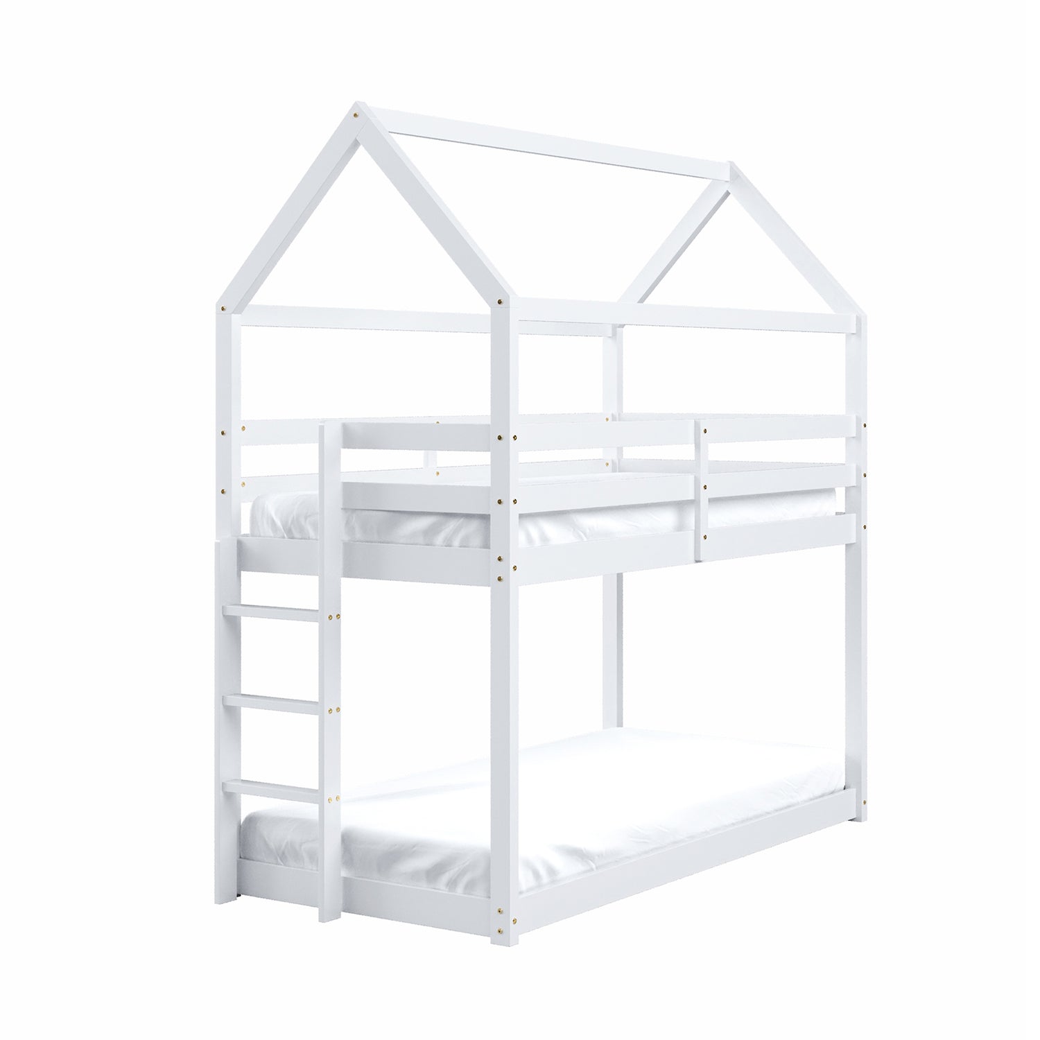 Brook Timber House Design Kids Twin Bunk Bed - White features a charming house-shaped frame with a pitched roof, showcasing sturdy construction ideal for children's rooms, emphasizing safety and space-saving functionality.
