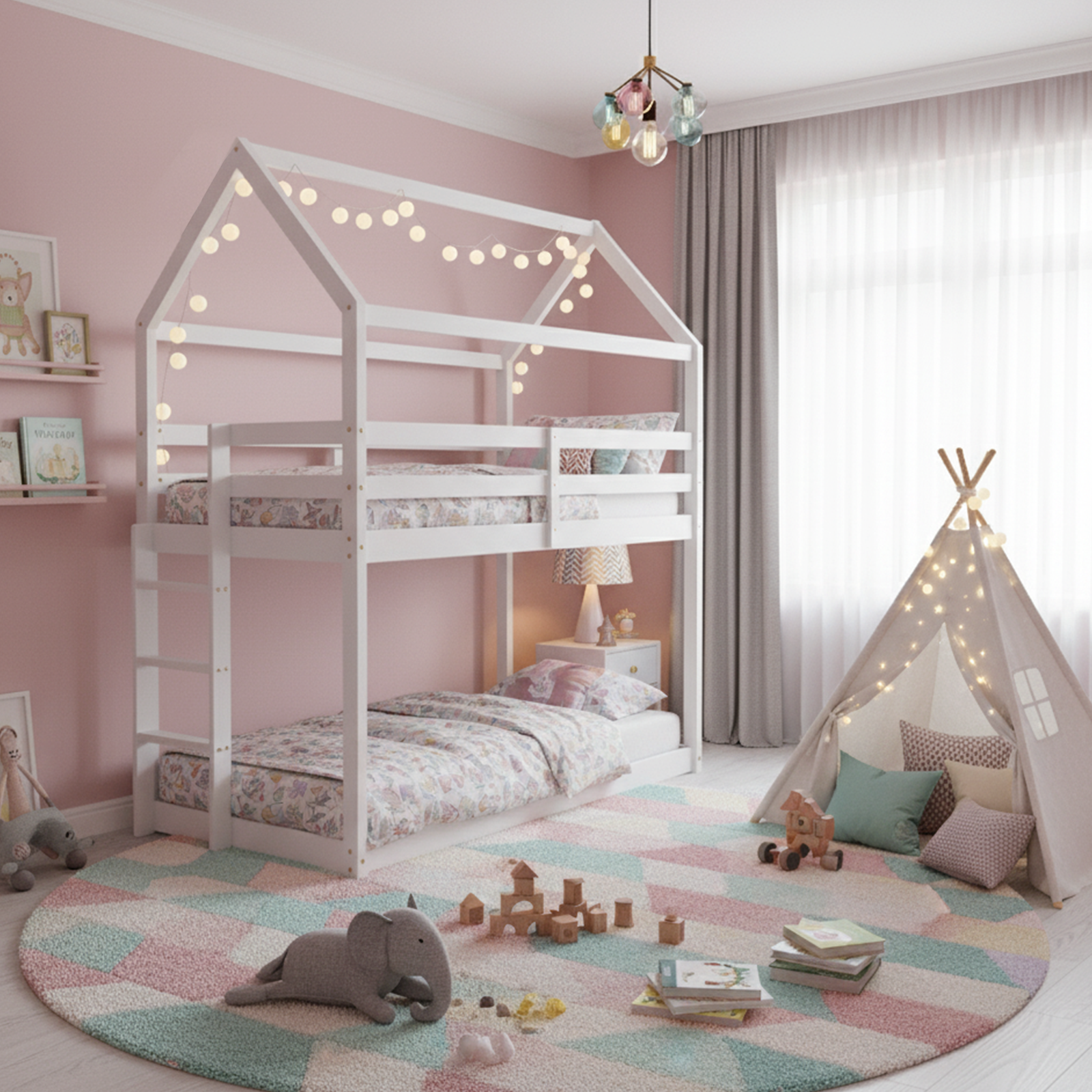Cozy Bedroom Bunk Bed String Lights Twin Size Loft Bed With Ladder