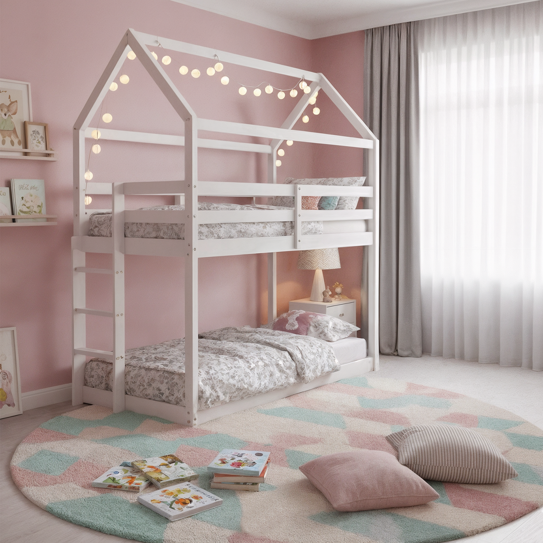 Brook Kids Solid Wood House Shape Twin Bunk Bed in White features a house-shaped frame with round cotton-ball string lights, floral bedding, and a cozy setup with a nightstand and children's books.