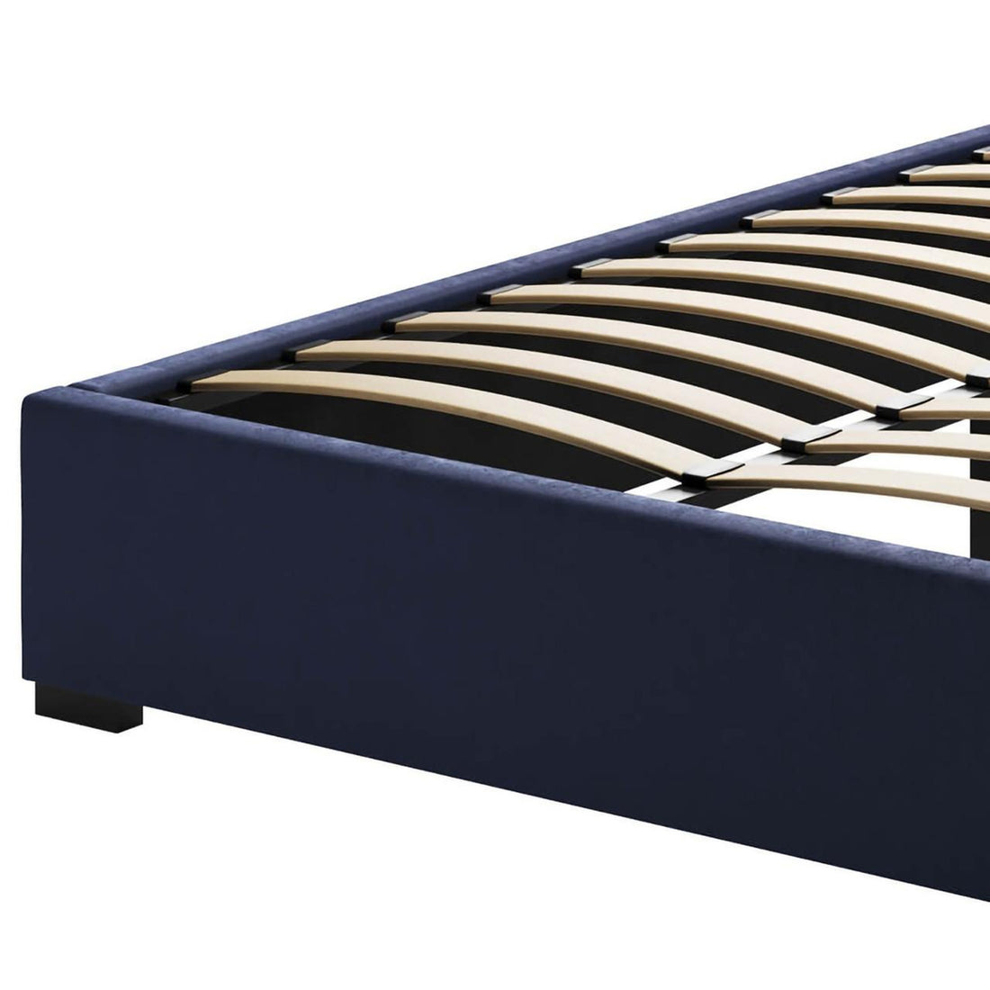 Septima Upholstered Velvet Queen Bed Base - Navy, featuring a plush velvet texture, close-up of wooden slats, and sturdy bed frame, showcasing its luxurious design and durable construction.