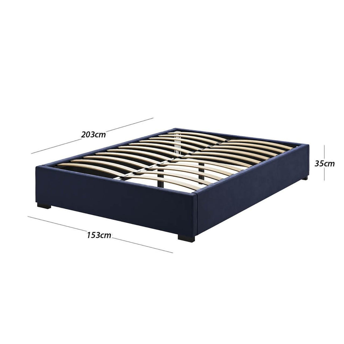 Septima Upholstered Velvet Queen Bed Base - Navy, featuring a soft velvet finish, wooden slats, and sturdy frame. Ideal for enhancing bedroom decor with elegance and durability.