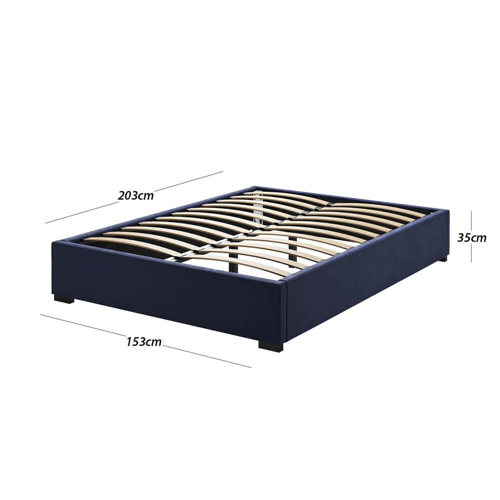 Septima Upholstered Velvet Queen Bed Base - Navy, featuring a soft velvet finish, wooden slats, and sturdy frame. Ideal for enhancing bedroom decor with elegance and durability.