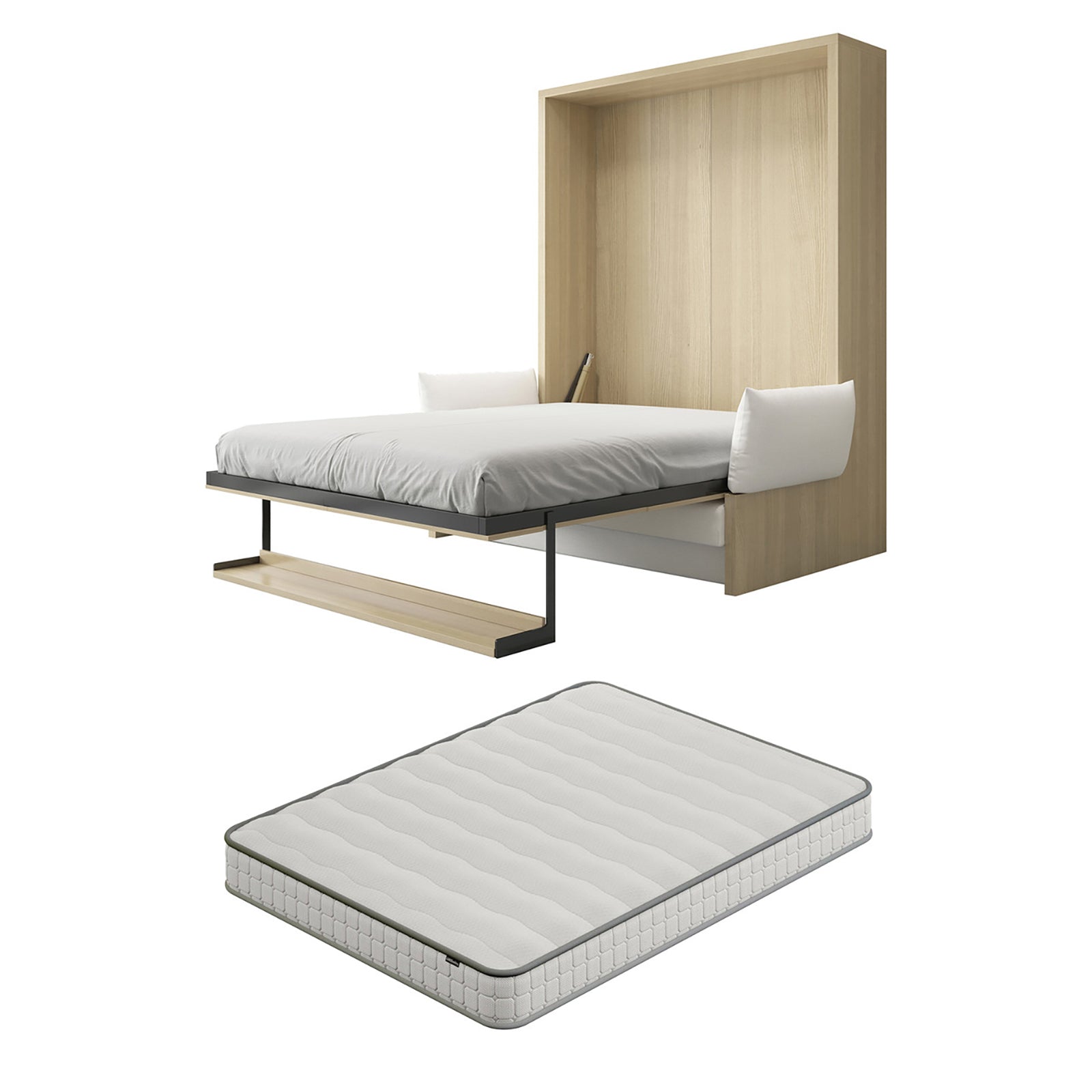 Byron & Cybele Queen Wall Bed & Mattress Package in White features a modern, fold-down bed with metal support, side cushions, and a separate mattress, offering chic, space-saving elegance.
