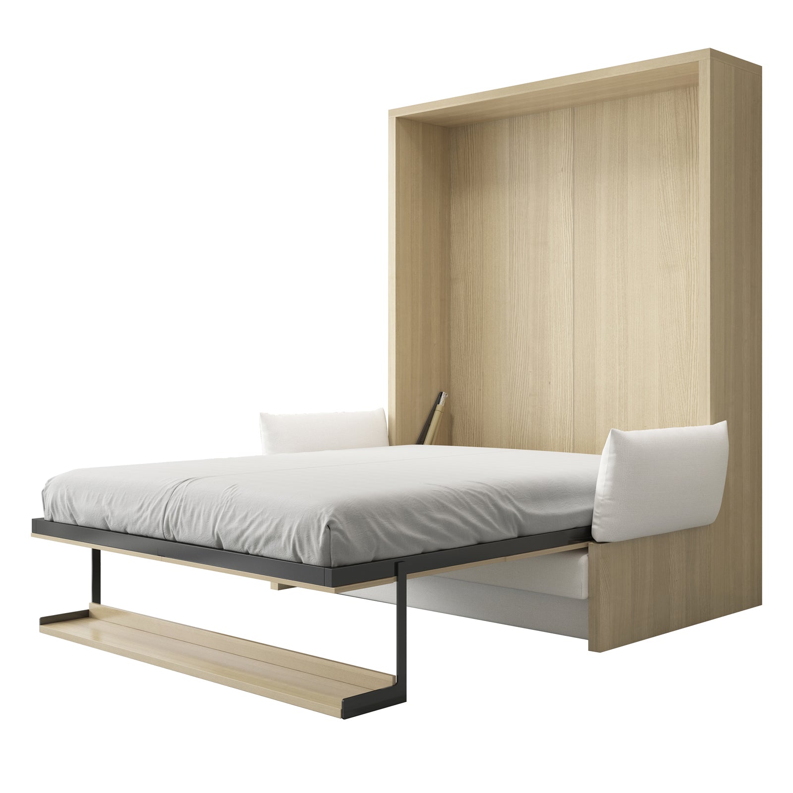 Byron & Cybele Queen Wall Bed & Mattress Package in White, showcasing a light-wood wall-mounted bed with a metal frame, grey sheet, white cushions, and a narrow wood shelf beneath.