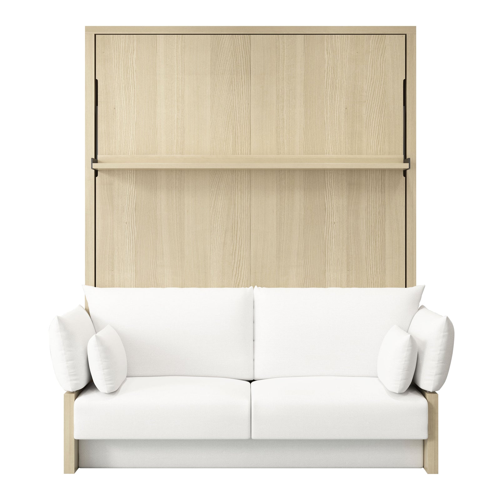 Byron & Cybele Queen Wall Bed & Mattress Package in White: A Murphy bed cabinet with a fold-down bed and two-seat upholstered sofa, featuring a vertical wood panel and narrow shelf above.