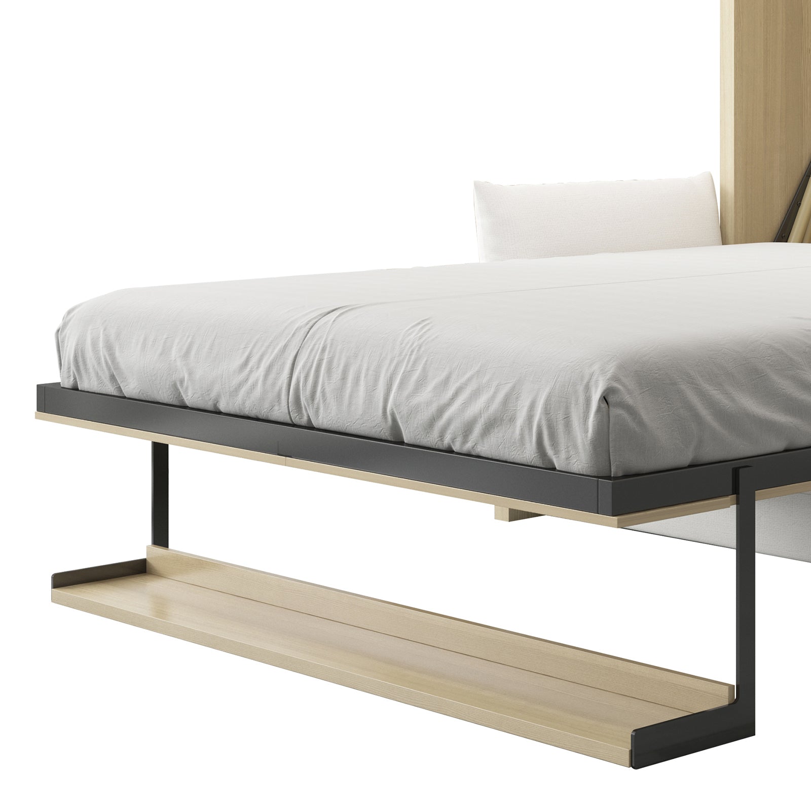 Byron & Cybele Queen Wall Bed & Mattress Package in White: A modern platform bed featuring a low-profile wood-metal frame, fitted sheet, single pillow, and under-bed wooden shelf with metal brackets for minimalist design.
