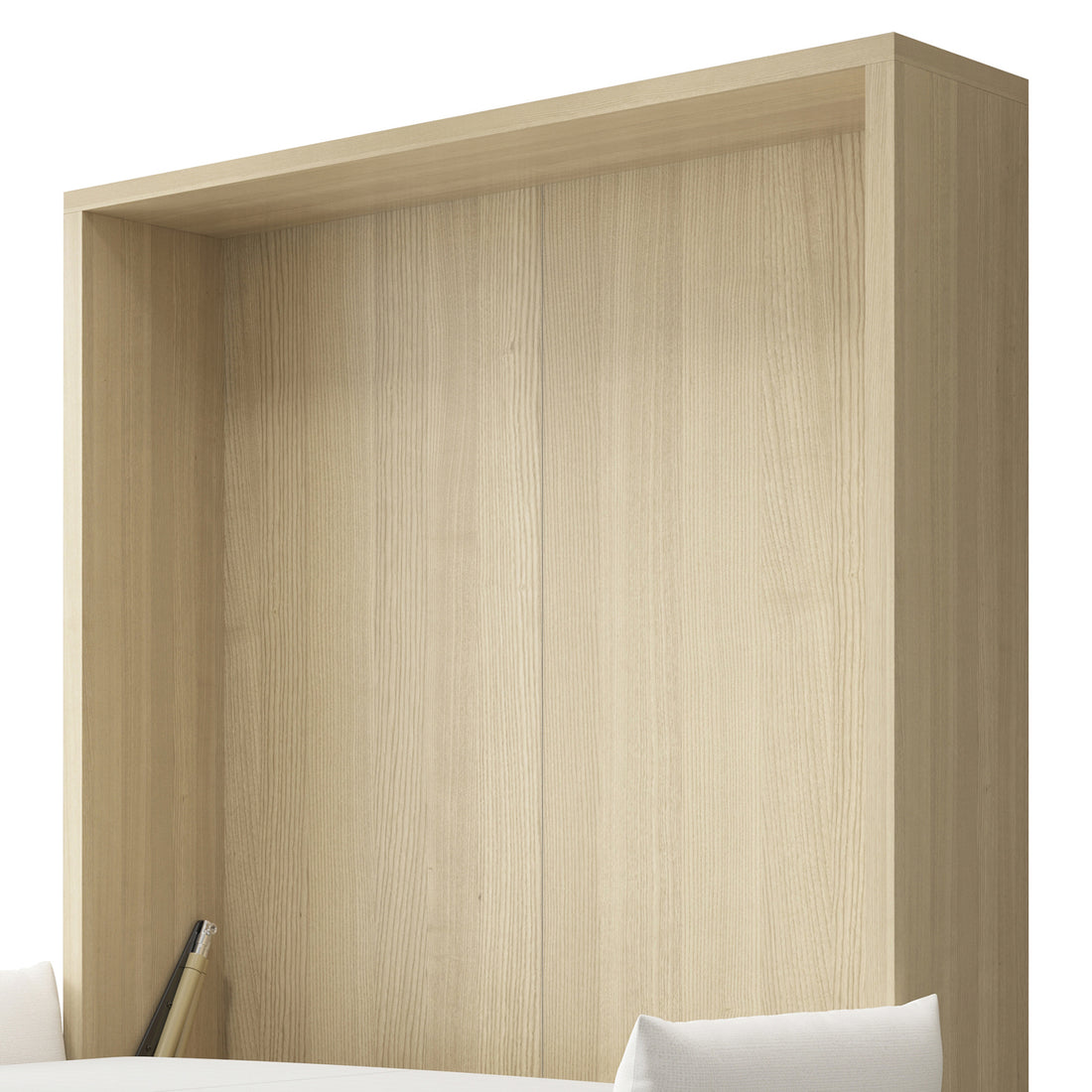 Byron & Cybele Queen Wall Bed & Mattress Package in White, showcasing a tall wooden headboard, visible mattress edge with white pillows, and a slender object tucked between, possibly a lamp or magazine.