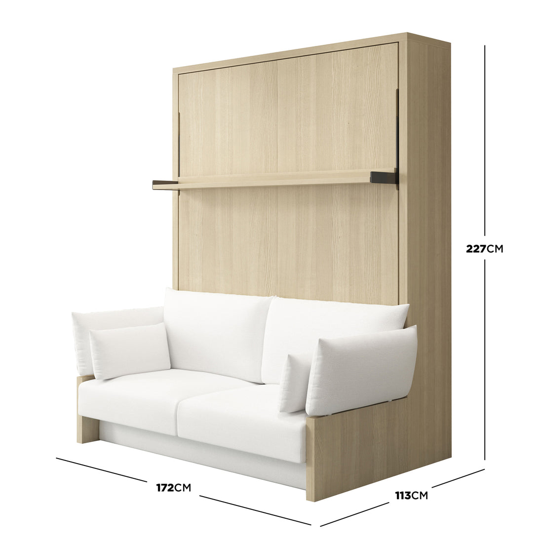 Byron & Cybele Queen Wall Bed & Mattress Package in White, featuring a two-seat sofa in front of a tall wall bed with a light-wood veneer cabinet and integrated shelf handle.