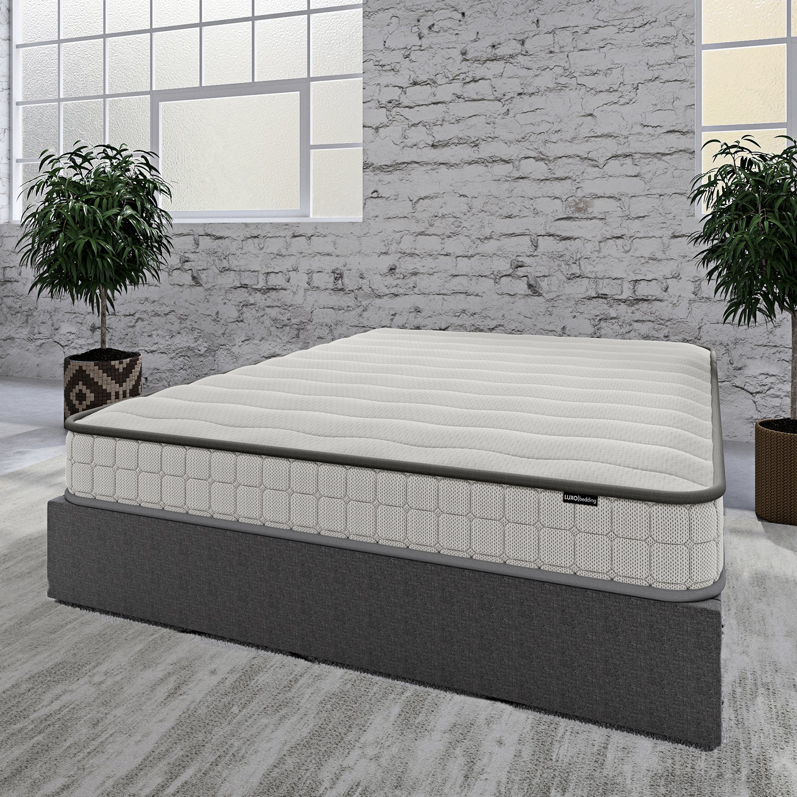 Byron & Cybele Queen Wall Bed & Mattress Package in White displayed as a low-profile bed with a quilt-textured mattress and dark gray upholstered platform, surrounded by minimalist decor and potted plants.