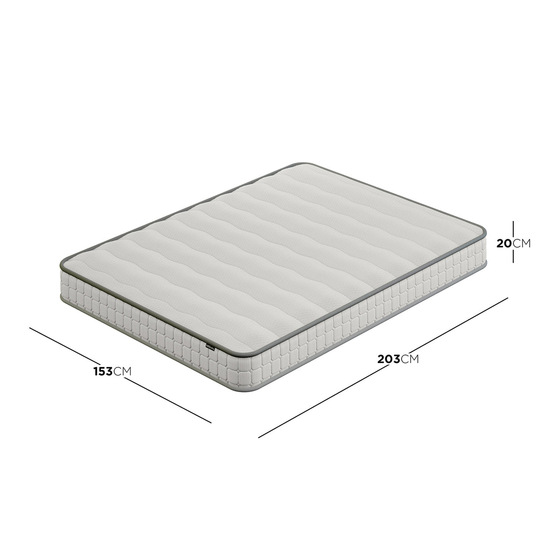 Byron & Cybele Queen Wall Bed & Mattress Package in White features a rectangular mattress with silver-gray edging, quilted white top, and dimensions—length 203 cm, width 153 cm, height 20 cm.