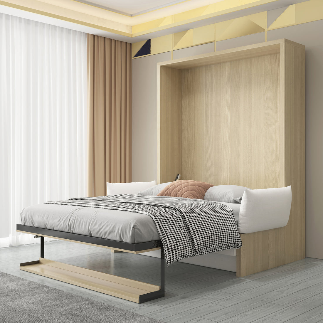 Byron Queen 2-in-1 Foldout Wall Bed & Sofa in White, featuring a wall-mounted Murphy bed, gray bedding, oak finish cabinet, and integrated sofa with cushions, set in a minimalist bedroom corner.