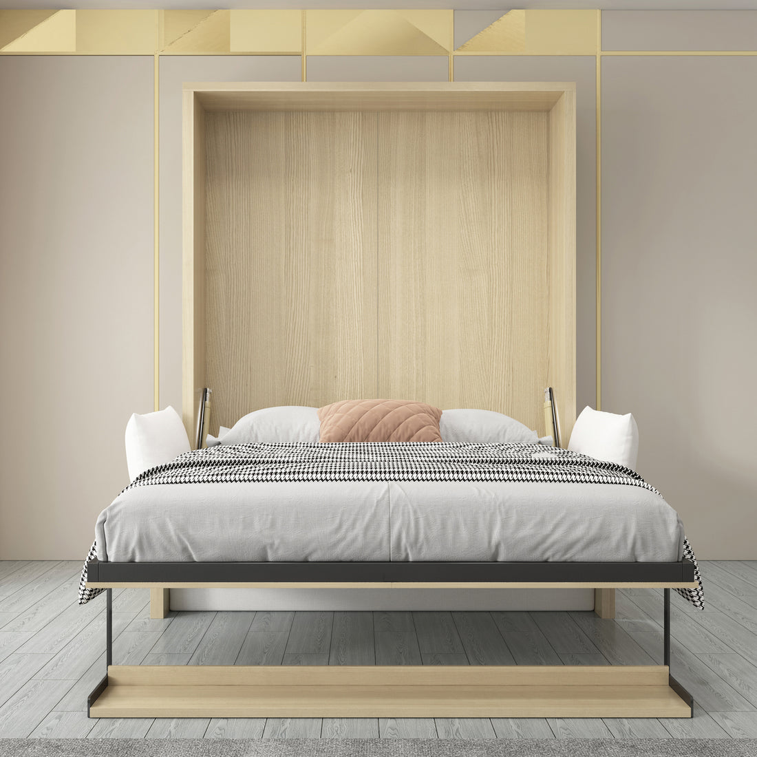 Byron Queen 2-in-1 Foldout Wall Bed & Sofa in White, featuring a light ash wall-mounted frame, gray sheets, houndstooth throw, and blush cushion, seamlessly fits into a minimalist bedroom setting.