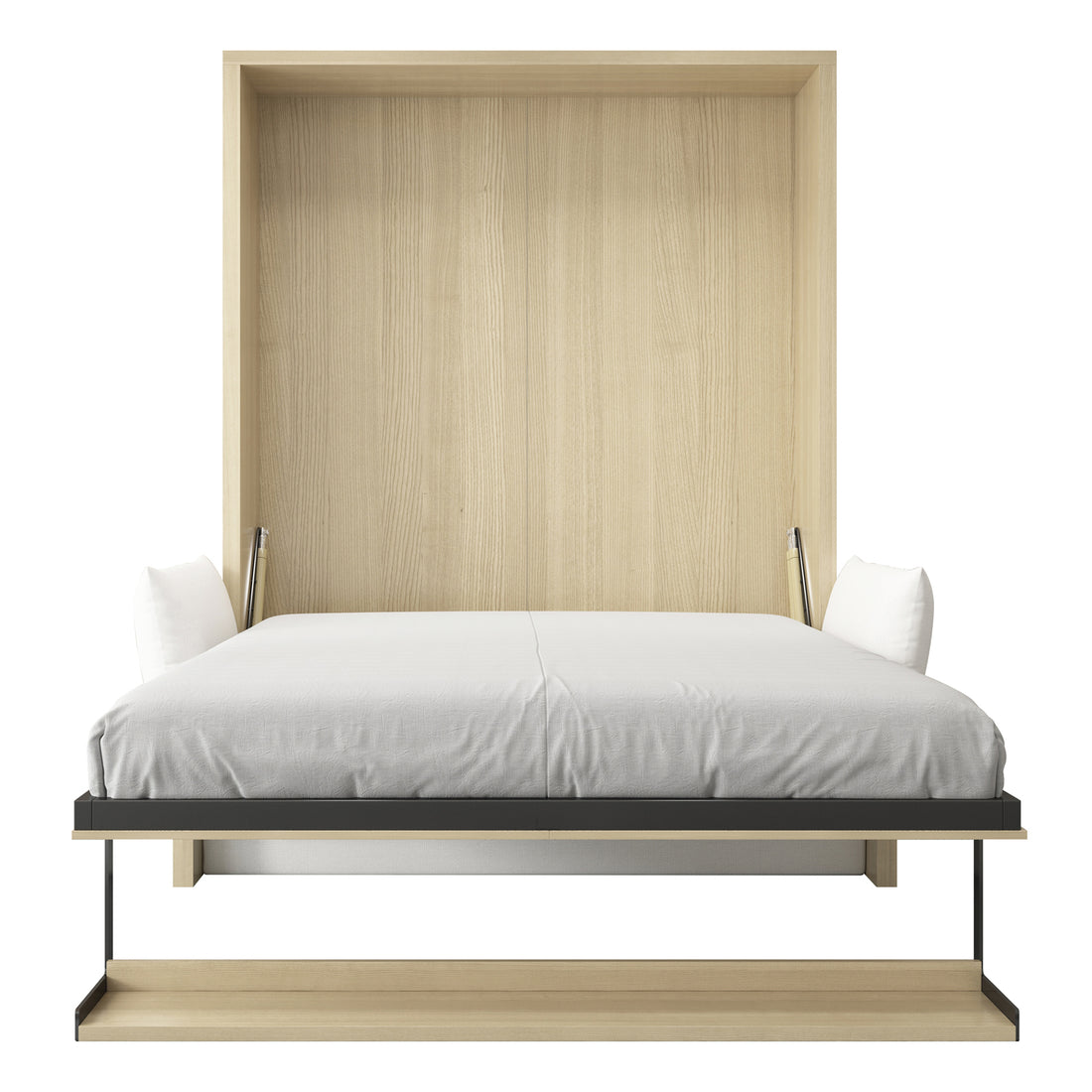 Byron Queen 2-in-1 Foldout Wall Bed & Sofa in White, featuring a light wood frame, black metal arms, white bedding, two pillows, and a platform shelf at the foot.