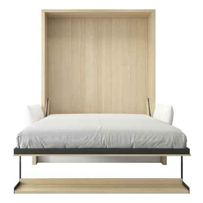 Byron Queen 2-in-1 Foldout Wall Bed & Sofa in White, featuring a light wood frame, black metal arms, white bedding, two pillows, and a platform shelf at the foot.