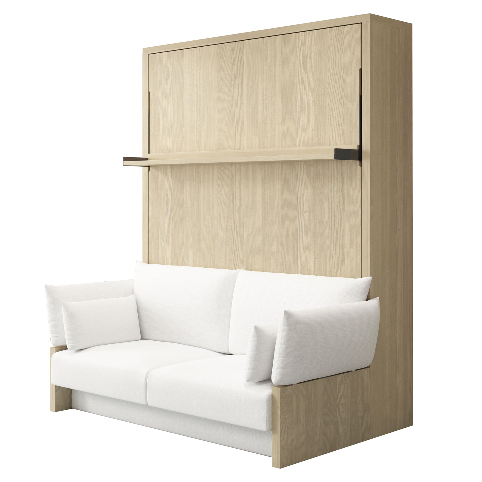 Byron Queen 2-in-1 Foldout Wall Bed & Sofa in White, featuring a light wood cabinet with a fold-down bed above a two-seat upholstered sofa, designed for space efficiency and modern style.