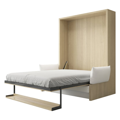 Byron Queen 2-in-1 Foldout Wall Bed & Sofa in White, a sleek wall-mounted bed transforming into a wooden cabinet with a metal support leg and tray, featuring a fold-down platform bed with cushions.