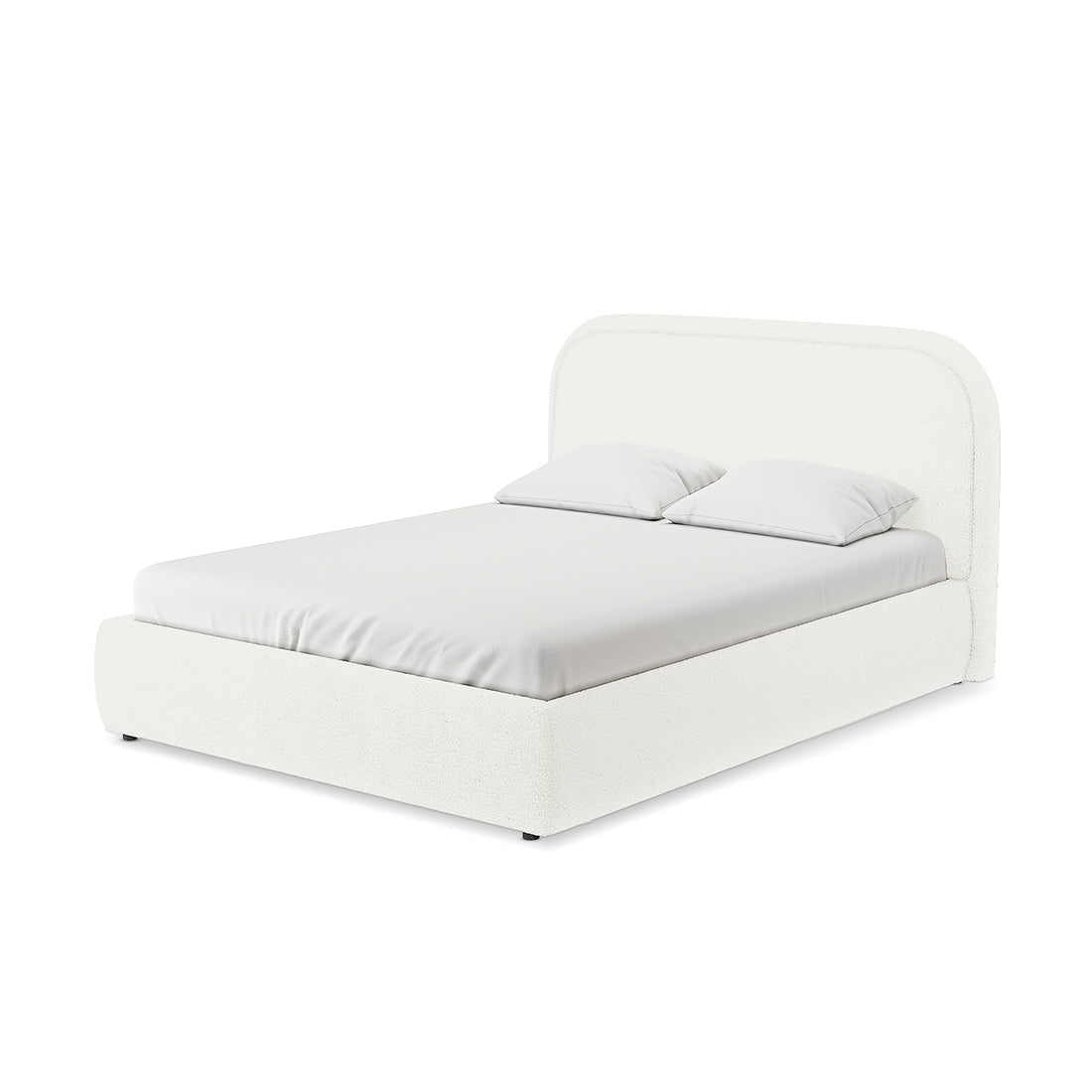 Calix Double Boucle Bed Frame in Cream White, showcasing a modern low-profile design with an upholstered frame and rounded headboard, fitted with a white sheet and pillows, set against a minimal backdrop.